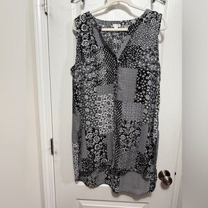 Spense Tunic Blouse Women’s XL Black White Patchwork Floral‎ button down Coverup